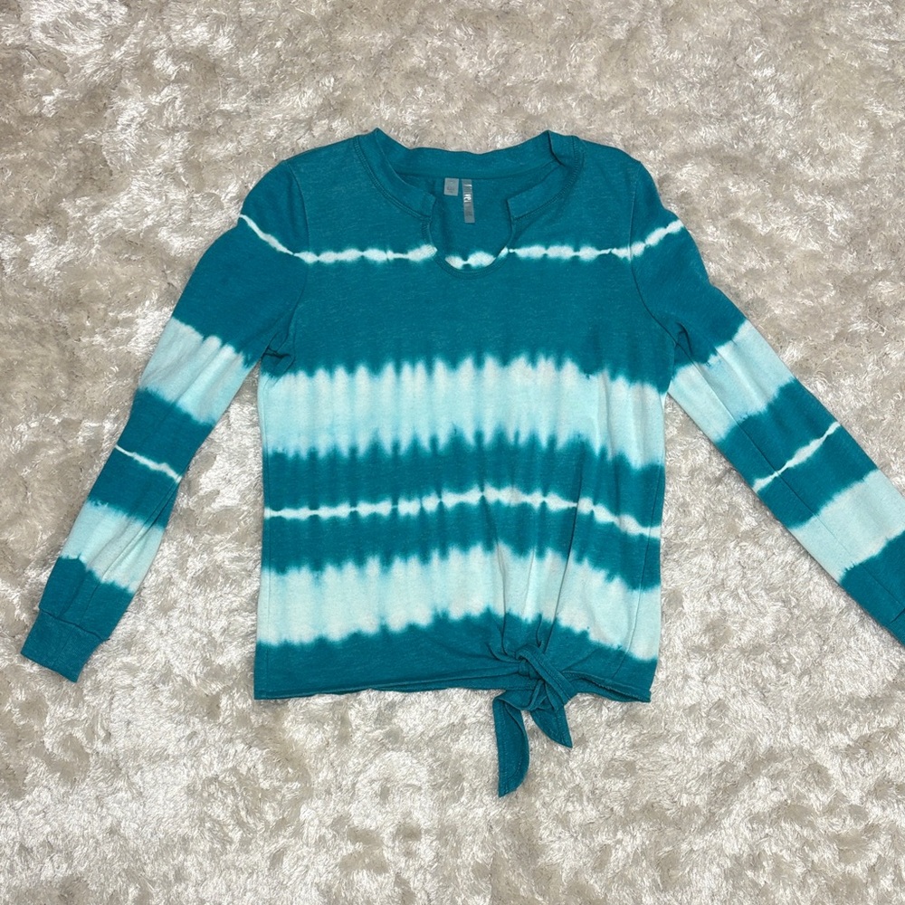 Silverware Tie-Dye Long Sleeve lightweight Teal & White top w/ tie front